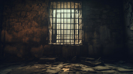 Prison cell with broken prison bars - obrazy, fototapety, plakaty