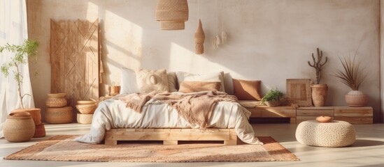 Fototapeta na wymiar Choosing a bohemian interior style for a cozy bedroom with nice furniture and accessories.