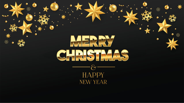 Merry Christmas greetings lettering background with golden stars, snowflake and golden balls.