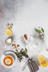 Tea composition on light grey background. Flat lay. Top view. Banner