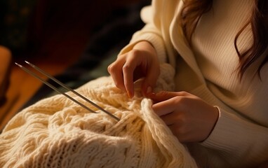 Woman's hands knitting a beige sweater with knitting needles close-up. Handknitted clothes