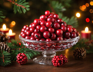 Red berries in a glass bowl. 