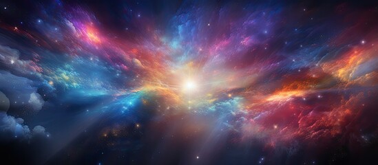 Imaginary cosmic bursts, explosion, vibrant colors. Magical poster with galactic rhythm. Dramatic supernova, versatile as overlay or backdrop. - obrazy, fototapety, plakaty