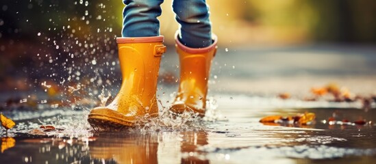 Happy child in colorful rain boots splashing in puddles during rainy day outdoor activity.