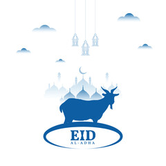 Bakrid eid al adha wishing or greeting card or social media post or banner islamic design with mosque, goat or cloud white background Vector