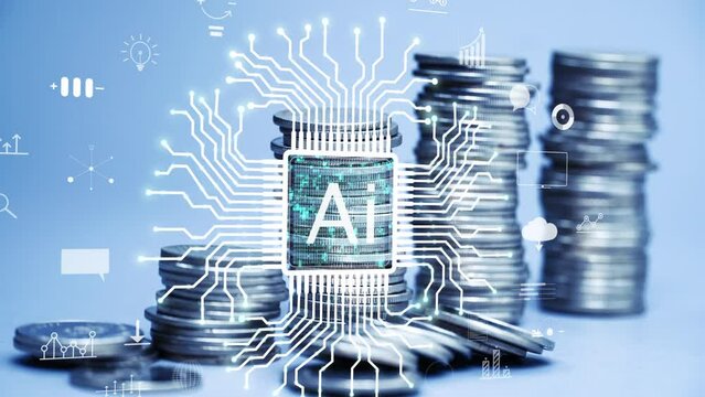 coins stack increase stop motion with Ai technology on circuit board. futuristic hologram busness background.