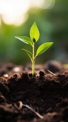 A close up of a new green shoot growing in soil.