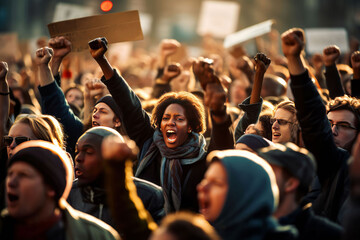 Crowd of protesters people. AI generated