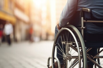 Obraz premium Man in wheelchair navigating city streets. Accessibility and mobility.