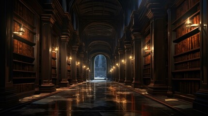 Fototapeta na wymiar A long hallway with many bookshelves and lights. Generative AI.
