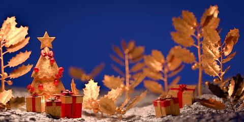 Christmas tree with gift and holly berries (Red&Gold) Landscape 1:2