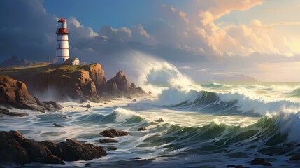 A lighthouse on the coast with waves crashing into it. Generative AI.