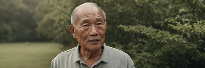 Obraz premium An old man of Asian appearance in a cap on the background of nature