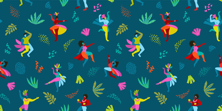 Vector seamless pattern with abstract men and women in bright costumes. Brazil carnival. Design templates for carnival concept and other