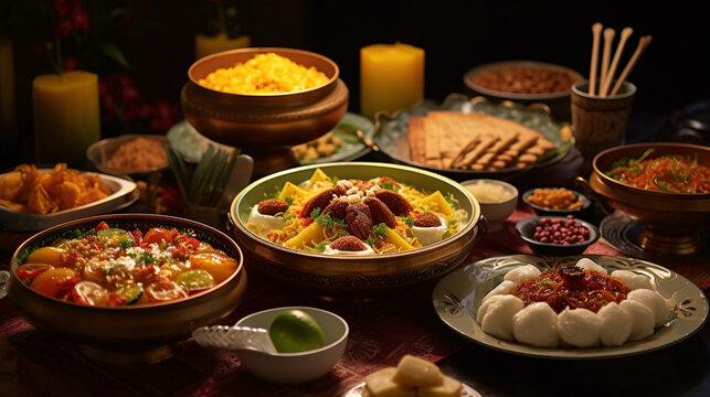 Traditional Iftar with signature dishes. Generative ai
