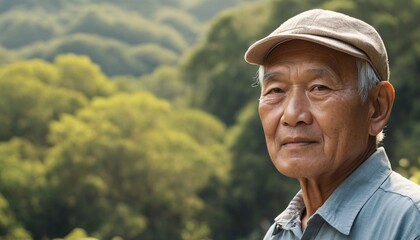 An old man of Asian appearance in a cap on the background of nature