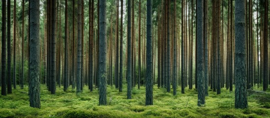 Dense coniferous forest with filled vertical spaces between evergreen tree trunks.