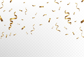 Gold confetti and ribbon streamers falling on transparent background. Opaque. small and large. Vector