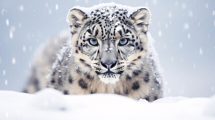 Fototapeta premium Mysterious Snow Leopard in Snowy Landscape. Generative ai