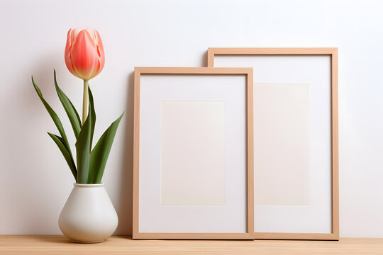 Two wooden empty picture frames next to single tulip spring flower in vase in front of white wall. Poster mockup