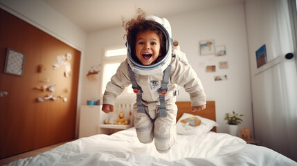 Little boy wearing an astronaut suit jumping on the bed