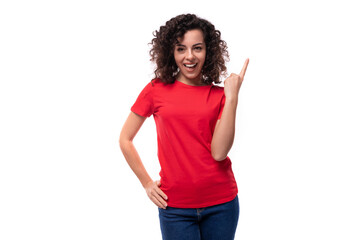 young beautiful curly brunette woman dressed in a red t-shirt with an identity print mockup