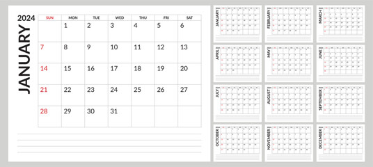 2024 Calendar sunday start with notes
