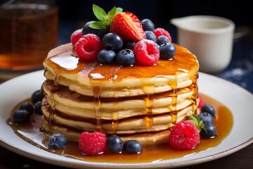 Photo of a plate of fluffy pancakes drizzled with maple syrup and topped with berries. Generative AI