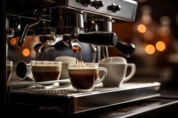 Photo of a premium coffee machine brewing a rich espresso. Generative AI