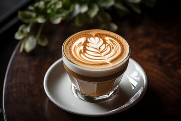 Photo of a tall, frothy glass of cappuccino with intricate latte art. Generative AI