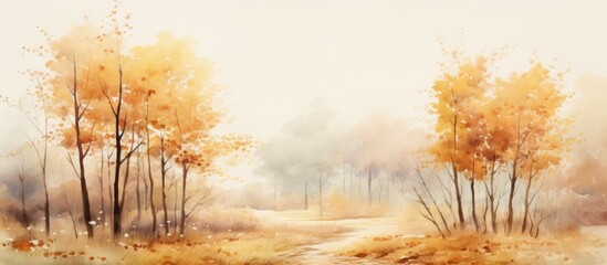 Wet technique alla prima watercolor painting of autumn trees and grass in a landscape.