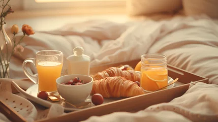 Foto op Plexiglas a tray of breakfast in bed for a mom, in the style of morning surprises. Generative  AI © ikkilostd