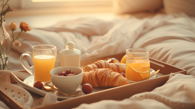 a tray of breakfast in bed for a mom, in the style of morning surprises. Generative  AI