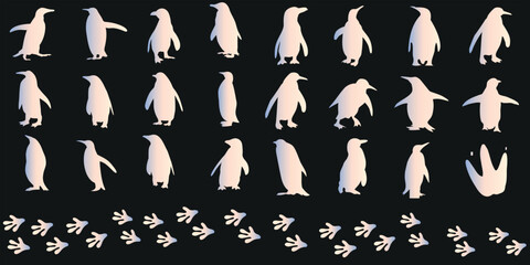 Penguin silhouette vector illustration, Adorable set of penguins in a winter setting, representing Antarctica’s wildlife. Perfect for climate change, global warming, and wildlife conservation design - obrazy, fototapety, plakaty
