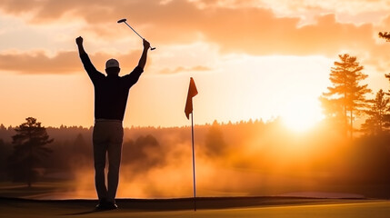 Silhouette photo of pro golfer raising hands in the air happily after finish golf tournament competition winner the match sport. Professional sport player successful concept. - Powered by Adobe
