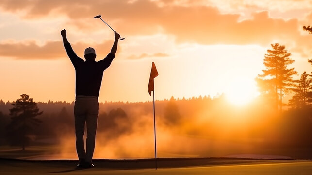 Silhouette photo of pro golfer raising hands in the air happily after finish golf tournament competition winner the match sport. Professional sport player successful concept.
