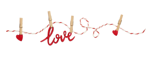 Cotton rope and four pins with hanging hearts and text LOVE isolated on white or transparent background
