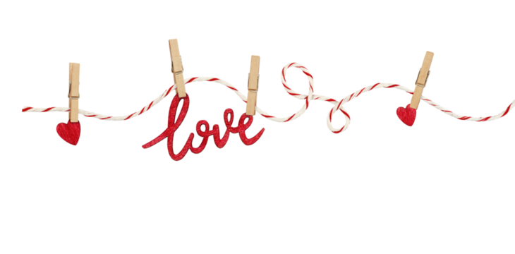 Cotton rope and four pins with hanging hearts and text LOVE isolated on white or transparent background