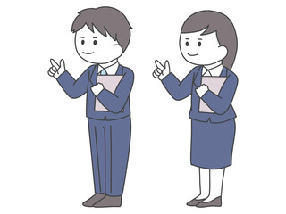 バインダーを持ちながら指を刺すスーツの男女の全身イラスト