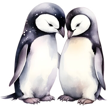 Penguins Couple holding hand. The image is a Watercolor Style. PNG File