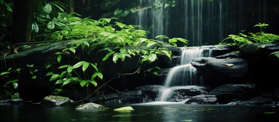 Blurred leaves on slow shutter capture Thailand's humid forest waterfall. - obrazy, fototapety, plakaty