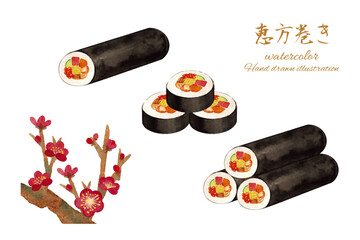 水彩で描いたリアルで美味しそうな巻き寿司のイラスト © fuufuu