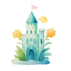 princess magic castle. Hand drawn watercolor fairytale castle. Kids illustration. Cartoon Castle Clipart, Kids illustration. Castle with floral illustrations.