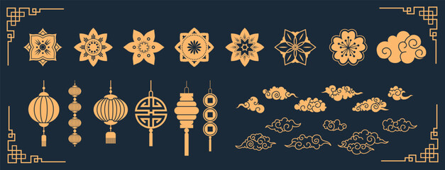 Chinese elements. Asian new year gold decorative patterns and lanterns, flowers, clouds and ornaments traditional oriental style vector set. 