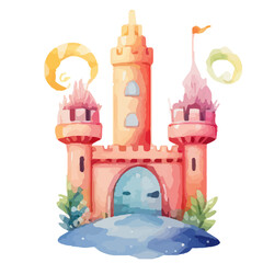 princess magic castle. Hand drawn watercolor fairytale castle. Kids illustration. Cartoon Castle Clipart, Kids illustration. Castle with floral illustrations.