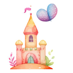 princess magic castle. Hand drawn watercolor fairytale castle. Kids illustration. Cartoon Castle Clipart, Kids illustration. Castle with floral illustrations.