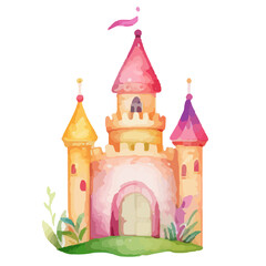 princess magic castle. Hand drawn watercolor fairytale castle. Kids illustration. Cartoon Castle Clipart, Kids illustration. Castle with floral illustrations.