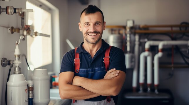 a charming, attractive plumber in the kitchen, standing with his arms folded and facing the camera