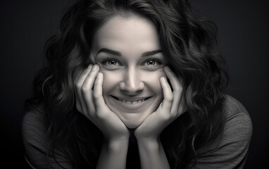 A cute smiling young woman in a mocking pose with her hands on her cheeks