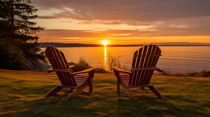 At dawn, two deserted Adirondack chairs with a view of Cascade Mountain and Puget Sound